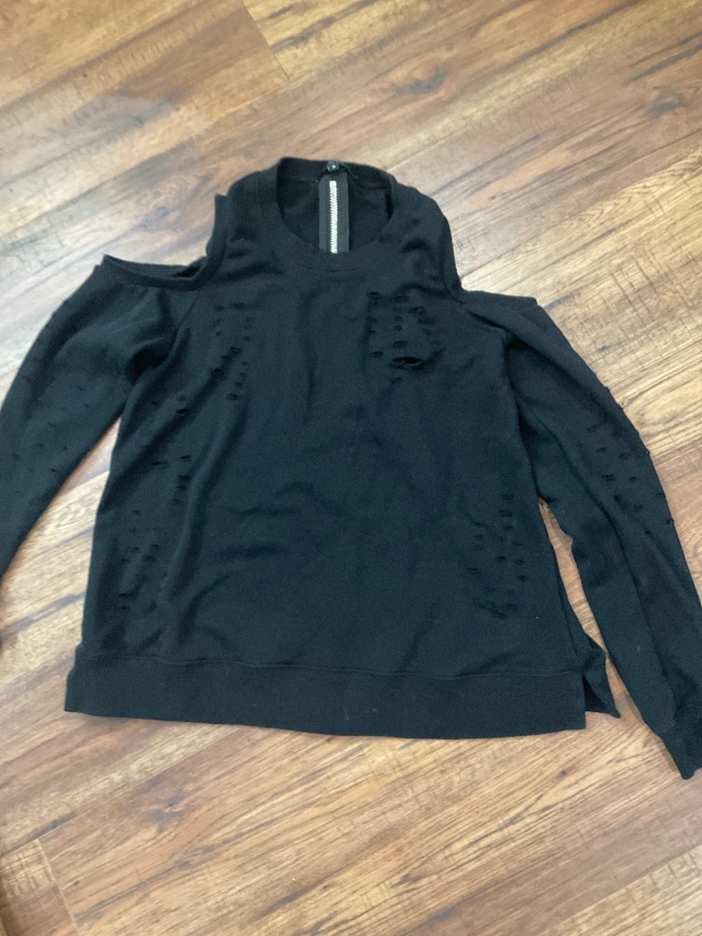 Distressed open shoulder back zip sweat shirt m